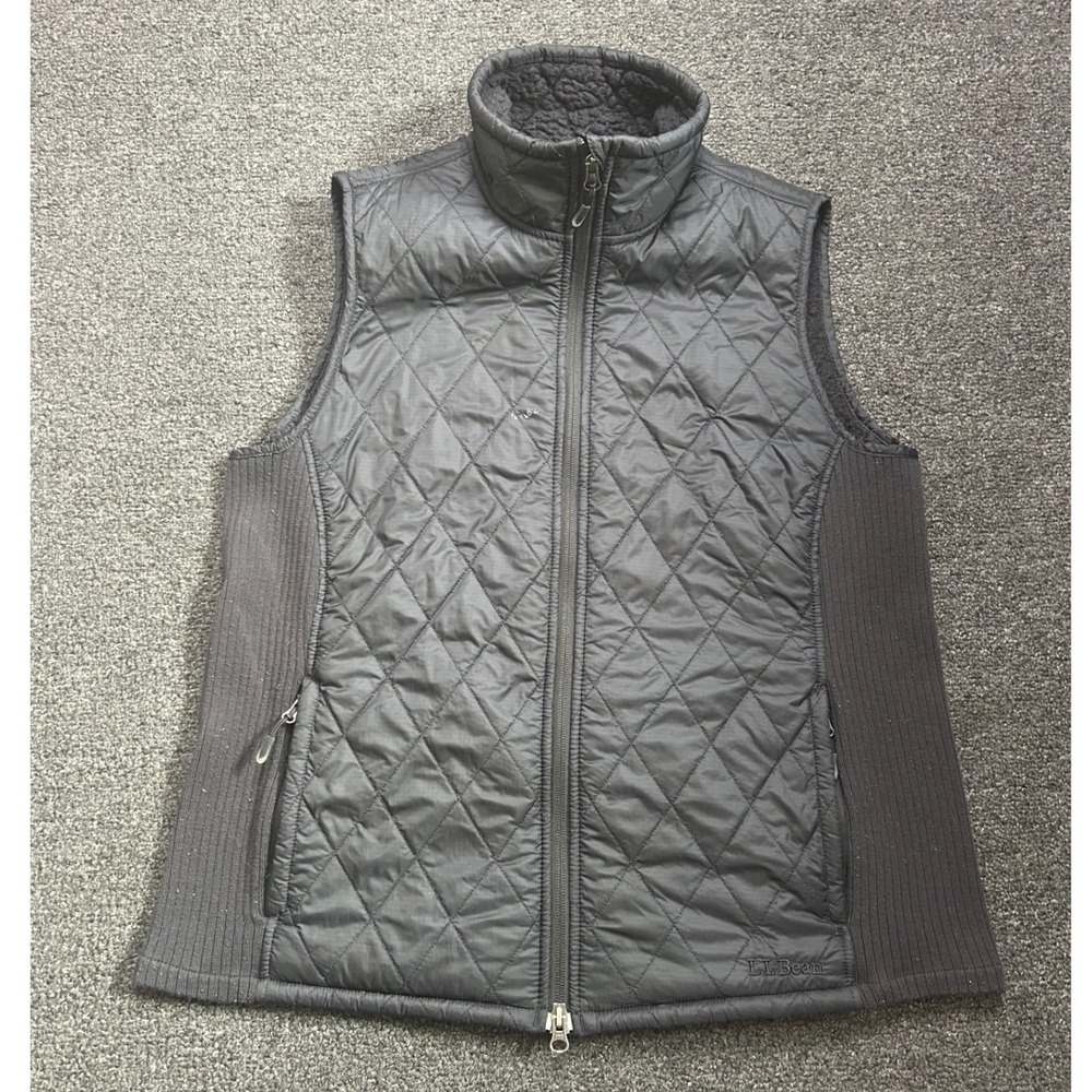 LL Bean Quilted Sherpa Lined Vest Black Womens Large Ribbed Side Panels Outdoors